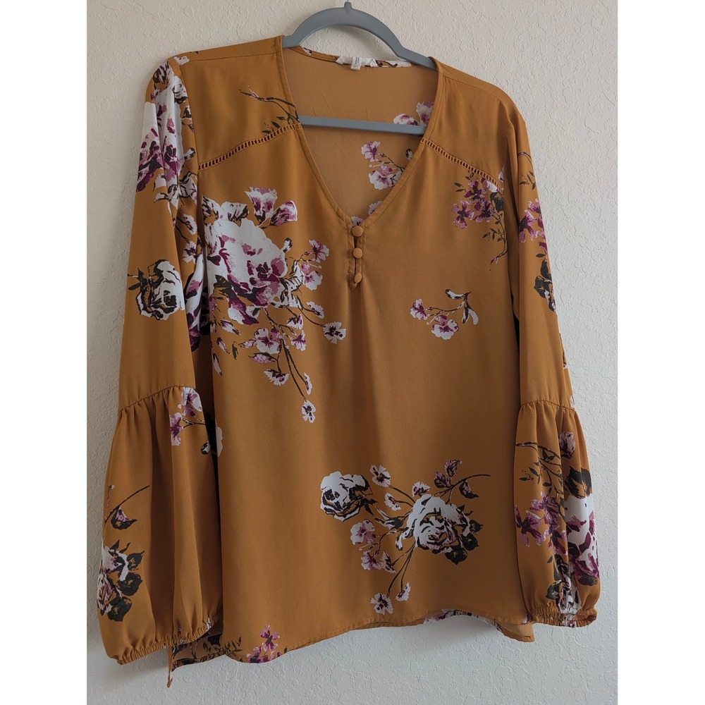 Mustard Yellow Floral V-Neck Blouse with Tiered Bell Sleeves and Lace Trim